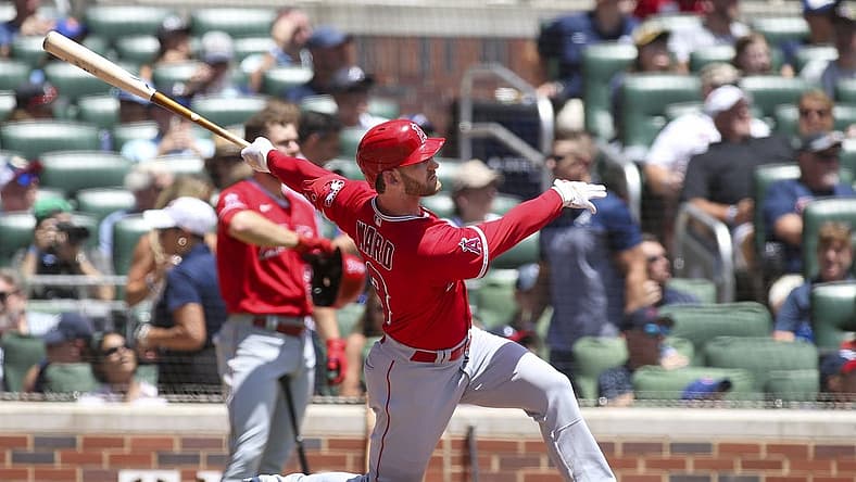 Jul 24, 2022; Atlanta, Georgia, USA; Los Angeles Angels right fielder Taylor Ward (3) hits a home run against the Atlanta Braves in the first inning at Truist Park. Mandatory Credit: Brett Davis-USA TODAY Sports