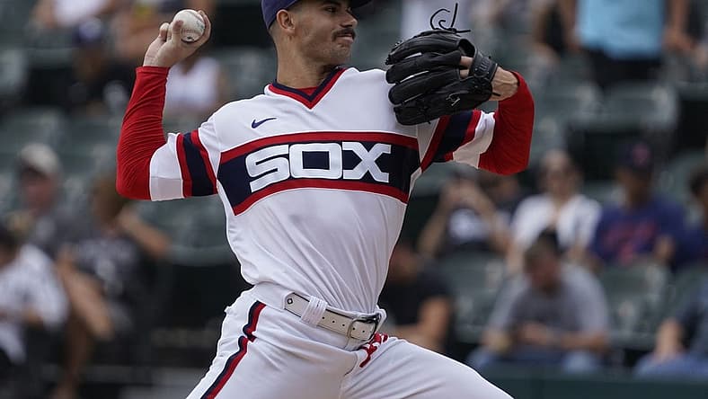 Jul 24, 2022; Chicago, Illinois, USA; Chicago White Sox starting pitcher Dylan Cease (84) throws the ball against Cleveland Guardians during the first inning at Guaranteed Rate Field. Mandatory Credit: David Banks-USA TODAY Sports