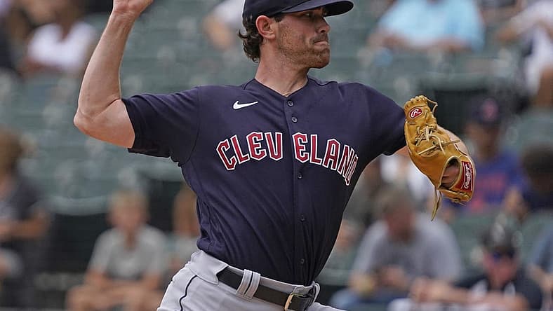 Jul 24, 2022; Chicago, Illinois, USA; Cleveland Guardians starting pitcher Shane Bieber (57) throws the ball against the Chicago White Sox during the first inning at Guaranteed Rate Field. Mandatory Credit: David Banks-USA TODAY Sports
