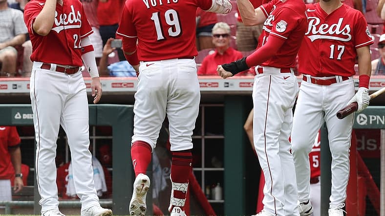 Jul 24, 2022; Cincinnati, Ohio, USA; Cincinnati Reds designated hitter Joey Votto (19) reacts at home after hitting a three-run home run against the St. Louis Cardinals during the third inning at Great American Ball Park. Mandatory Credit: David Kohl-USA TODAY Sports