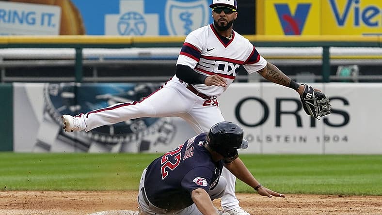 Jul 24, 2022; Chicago, Illinois, USA; Chicago White Sox second baseman Leury Garcia (28) forces out Cleveland Guardians designated hitter Josh Naylor (22) at second base then throws to first base to complete a double play during the third inning Guaranteed Rate Field. Mandatory Credit: David Banks-USA TODAY Sports