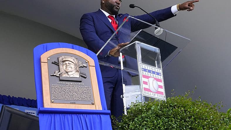Jul 24, 2022; Cooperstown, New York, USA; Hall of Fame inductee David Ortiz gives his acceptance speech during the Baseball Hall of Fame Induction Ceremony at Clark Sports Center. Mandatory Credit: Gregory Fisher-USA TODAY Sports