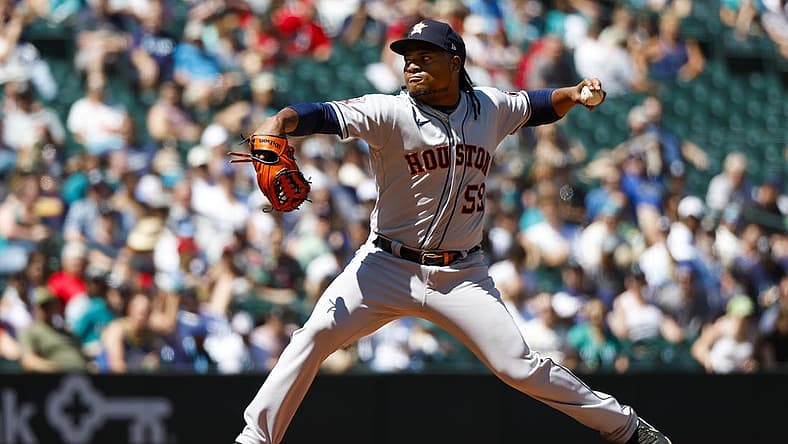 Jul 24, 2022; Seattle, Washington, USA; Houston Astros starting pitcher Framber Valdez (59) throws against the Seattle Mariners during the fourth inning at T-Mobile Park. Mandatory Credit: Joe Nicholson-USA TODAY Sports