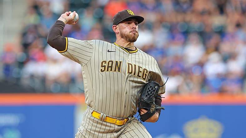 Jul 24, 2022; New York City, New York, USA; San Diego Padres starting pitcher Joe Musgrove (44) delivers a pitch during the first inning against the New York Mets at Citi Field. Mandatory Credit: Vincent Carchietta-USA TODAY Sports