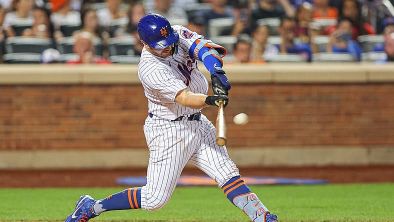 Jul 24, 2022; New York City, New York, USA; New York Mets first baseman Pete Alonso (20) hits a three run home run during the sixth inning against the San Diego Padres at Citi Field. Mandatory Credit: Vincent Carchietta-USA TODAY Sports