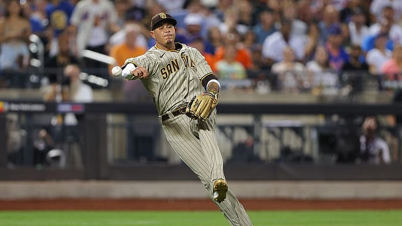 Jul 24, 2022; New York City, New York, USA; San Diego Padres third baseman Manny Machado (13) commits a throwing error during the seventh inning against the New York Mets at Citi Field. Mandatory Credit: Vincent Carchietta-USA TODAY Sports