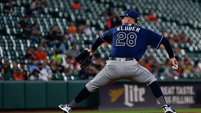 Jul 25, 2022; Baltimore, Maryland, USA; Tampa Bay Rays starting pitcher Corey Kluber (28) throws a second inning pitch against the Baltimore Orioles at Oriole Park at Camden Yards. Mandatory Credit: Tommy Gilligan-USA TODAY Sports