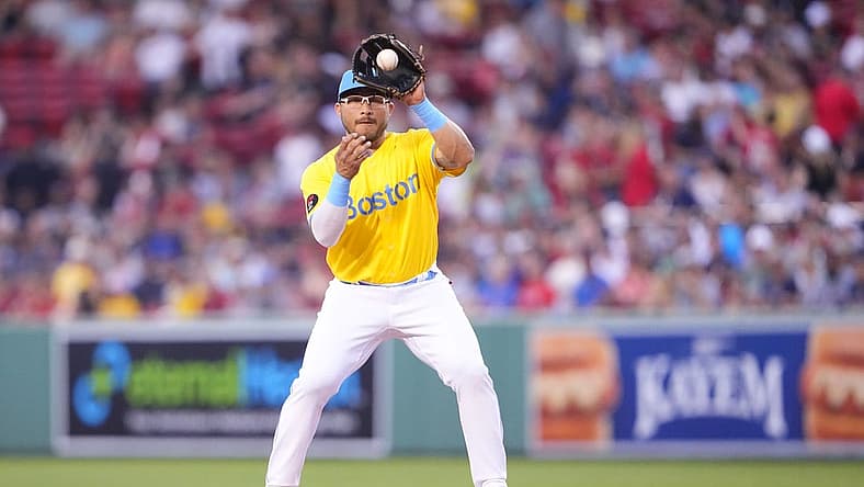 Jul 25, 2022; Boston, Massachusetts, USA; Boston Red Sox second baseman Yolmer Sanchez (47) catches a throw to record an out against the Cleveland Guardians during the third inning at Fenway Park. Mandatory Credit: Gregory Fisher-USA TODAY Sports