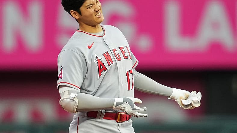 Jul 25, 2022; Kansas City, Missouri, USA; Los Angeles Angels designated hitter Shohei Ohtani (17) reacts after hitting a double against the Kansas City Royals during the third inning at Kauffman Stadium. Mandatory Credit: Jay Biggerstaff-USA TODAY Sports