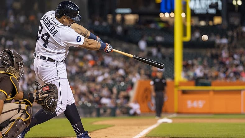 Jul 25, 2022; Detroit, Michigan, USA; Detroit Tigers designated hitter Miguel Cabrera (24) hits a solo home run during the sixth inning against the San Diego Padres at Comerica Park. Mandatory Credit: Raj Mehta-USA TODAY Sports