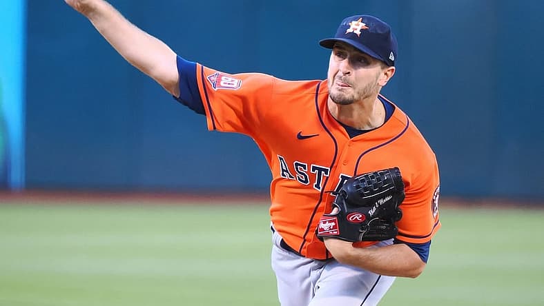 Jul 25, 2022; Oakland, California, USA; Houston Astros starting pitcher Jake Odorizzi (17) throws a pitch against the Oakland Athletics during the first inning at RingCentral Coliseum. Mandatory Credit: Kelley L Cox-USA TODAY Sports