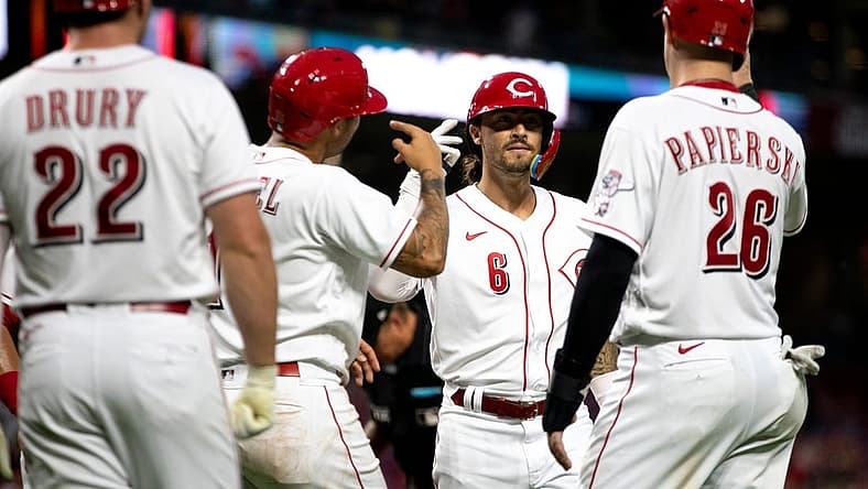 Cincinnati Reds second baseman Jonathan India (6) high fives Cincinnati Reds center fielder Nick Senzel (15) and Cincinnati Reds catcher Michael Papierski (26) after hitting a grand slam in the fifth inning of the MLB baseball game between the Cincinnati Reds and the Miami Marlins at Great American Ball Park in Cincinnati on Monday, July 25, 2022.
Miami Marlins At Cincinnati Reds 104