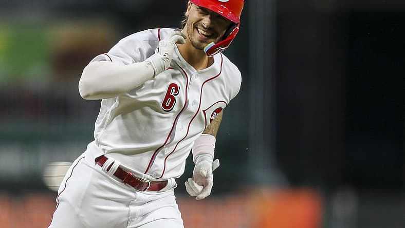 Jul 25, 2022; Cincinnati, Ohio, USA; Cincinnati Reds designated hitter Jonathan India (6) reacts after hitting a grand slam home run in the fifth inning against the Miami Marlins at Great American Ball Park. Mandatory Credit: Katie Stratman-USA TODAY Sports