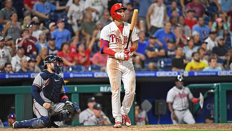 Jul 25, 2022; Philadelphia, Pennsylvania, USA; Philadelphia Phillies second baseman Bryson Stott (5) watches his three run home run against the Atlanta Braves during the eighth inning at Citizens Bank Park. Mandatory Credit: Eric Hartline-USA TODAY Sports