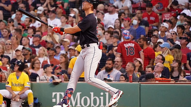 Jul 26, 2022; Boston, Massachusetts, USA; Cleveland Guardians third baseman Nolan Jones (33) hits a three run home run against the Boston Red Sox in the third inning at Fenway Park. Mandatory Credit: David Butler II-USA TODAY Sports