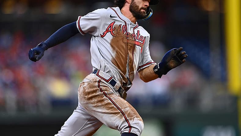 Jul 26, 2022; Philadelphia, Pennsylvania, USA; Atlanta Braves shortstop Dansby Swanson (7) rounds third on his way to score against the Philadelphia Phillies in the first inning at Citizens Bank Park. Mandatory Credit: Kyle Ross-USA TODAY Sports