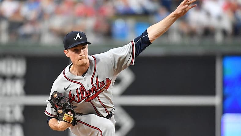 Jul 25, 2022; Philadelphia, Pennsylvania, USA; Atlanta Braves starting pitcher Max Fried (54) throws a pitch against the Philadelphia Phillies at Citizens Bank Park. Mandatory Credit: Eric Hartline-USA TODAY Sports