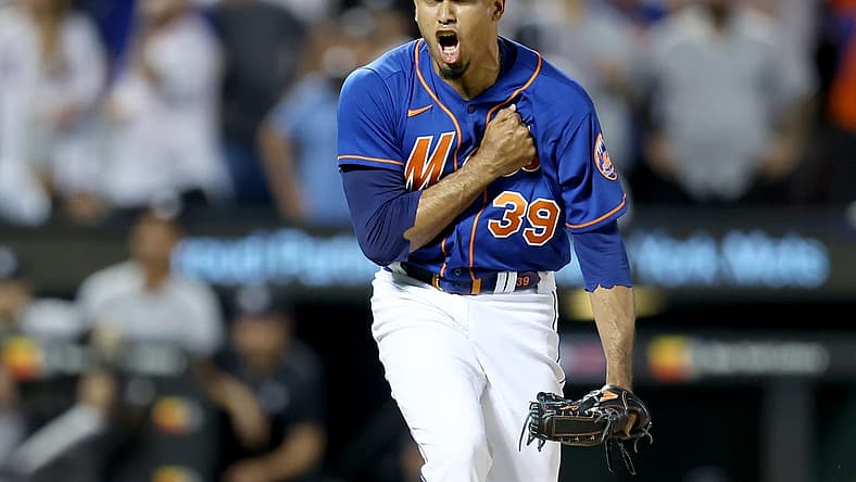 Jul 26, 2022; New York City, New York, USA; New York Mets relief pitcher Edwin Diaz (39) reacts after getting the last out during the ninth inning against the New York Yankees at Citi Field. Mandatory Credit: Brad Penner-USA TODAY Sports