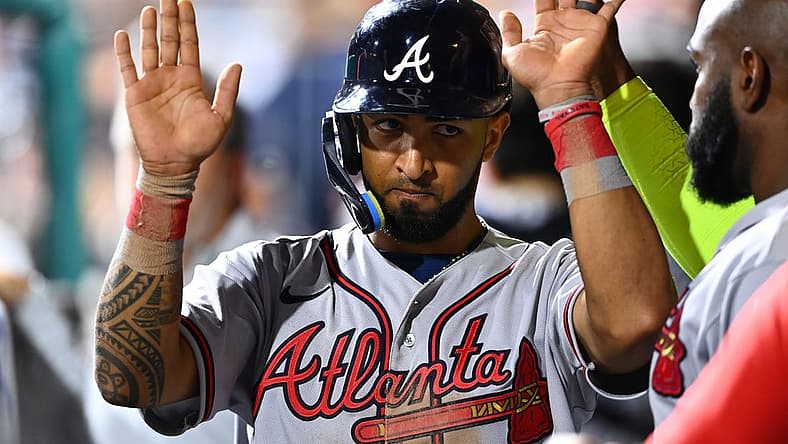 Jul 26, 2022; Philadelphia, Pennsylvania, USA; Atlanta Braves outfielder Eddie Rosario (8) celebrates with teammates after scoring against the Philadelphia Phillies in the ninth inning at Citizens Bank Park. Mandatory Credit: Kyle Ross-USA TODAY Sports
