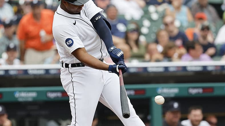 Jul 27, 2022; Detroit, Michigan, USA; Detroit Tigers second baseman Jonathan Schoop (7) hits a single in the fifth inning against the San Diego Padres at Comerica Park. Mandatory Credit: Rick Osentoski-USA TODAY Sports