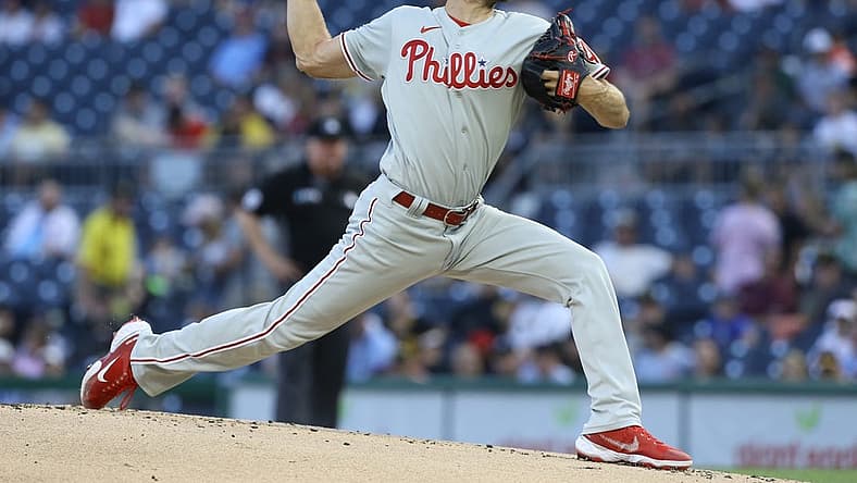 Jul 28, 2022; Pittsburgh, Pennsylvania, USA; Philadelphia Phillies starting pitcher Zack Wheeler (45) delivers a pitch against the Pittsburgh Pirates during the first inning at PNC Park. Mandatory Credit: Charles LeClaire-USA TODAY Sports