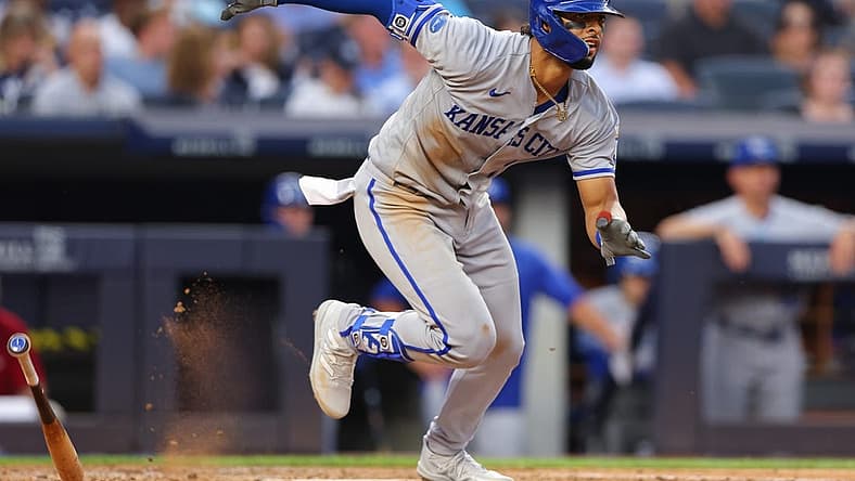 Jul 28, 2022; Bronx, New York, USA; Kansas City Royals catcher MJ Melendez (1) doubles during the third inning against the New York Yankees at Yankee Stadium. Mandatory Credit: Vincent Carchietta-USA TODAY Sports