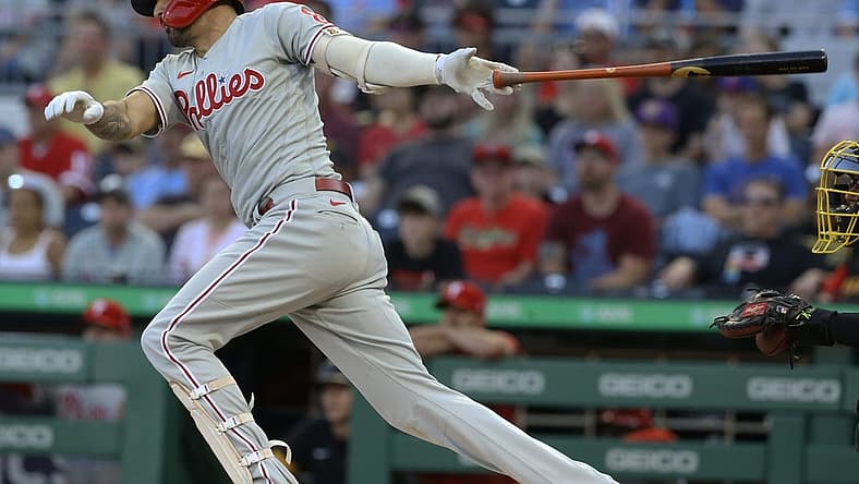 Jul 28, 2022; Pittsburgh, Pennsylvania, USA; Philadelphia Phillies right fielder Nick Castellanos (8) hits an RBI single single against the Pittsburgh Pirates during the first inning at PNC Park. Mandatory Credit: Charles LeClaire-USA TODAY Sports