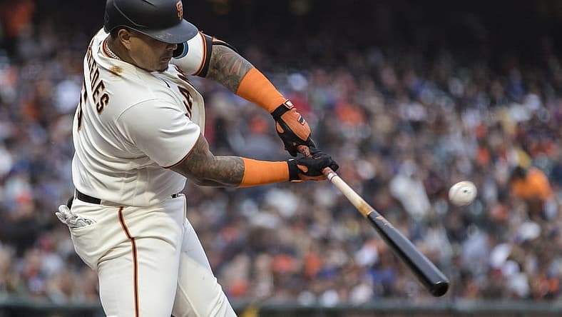 Jul 28, 2022; San Francisco, California, USA; San Francisco Giants designated hitter Yermin Mercedes (6) hits a single against the Chicago Cubs during the second inning at Oracle Park. Mandatory Credit: John Hefti-USA TODAY Sports