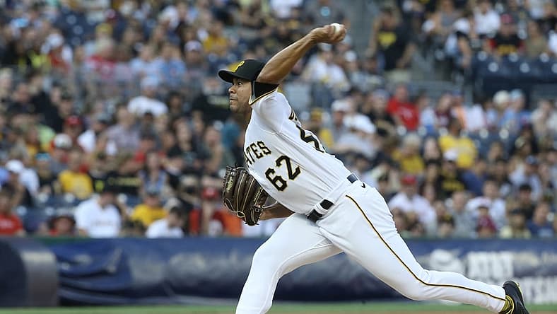 Jul 29, 2022; Pittsburgh, Pennsylvania, USA; Pittsburgh Pirates starting pitcher Jose Quintana (62) delivers a pitch against the Philadelphia Phillies during the first inning at PNC Park. Mandatory Credit: Charles LeClaire-USA TODAY Sports