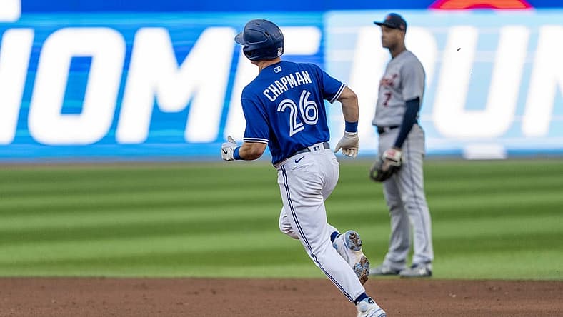 Jul 29, 2022; Toronto, Ontario, CAN; Toronto Blue Jays third baseman Matt Chapman (26) hits a home run against the Detroit Tigers during the second inning at Rogers Centre. Mandatory Credit: Kevin Sousa-USA TODAY Sports