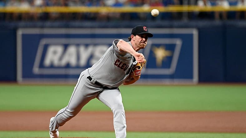 Jul 29, 2022; St. Petersburg, Florida, USA; Cleveland Guardians pitcher Shane Bieber (57) throws a pitch in the first inning against the Tampa Bay Rays at Tropicana Field. Mandatory Credit: Jonathan Dyer-USA TODAY Sports