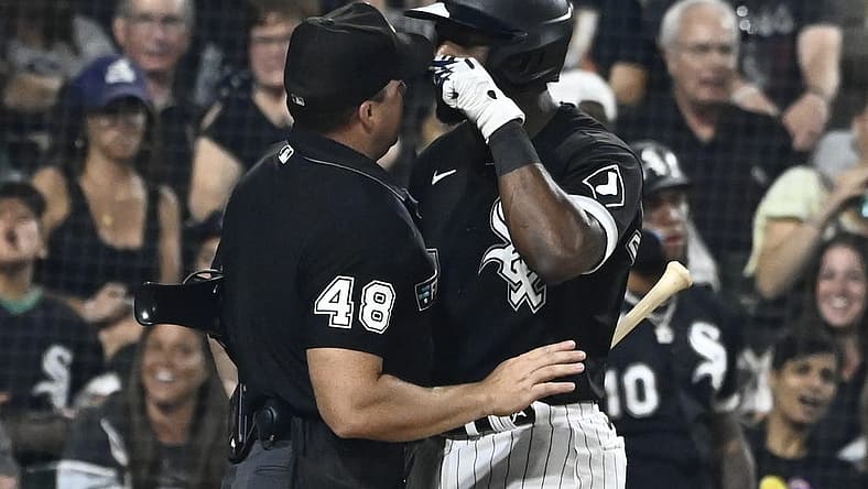 Jul 29, 2022; Chicago, Illinois, USA; Umpire Nick Mahrley (48) and Chicago White Sox shortstop Tim Anderson (7) have an altercation during the seventh inning of the teams game against the Oakland Athletics at Guaranteed Rate Field. Mandatory Credit: Matt Marton-USA TODAY Sports