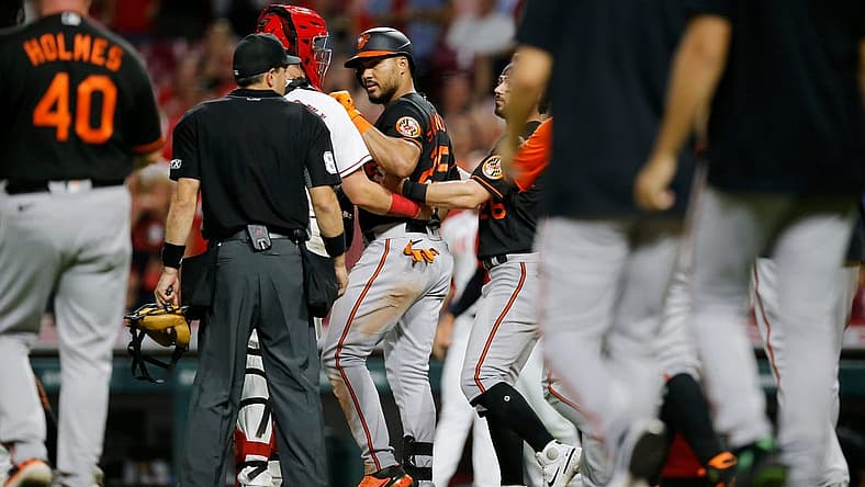 Benches and bullpens clear as Baltimore Orioles right fielder Anthony Santander (25) is hit by a pitch from Cincinnati Reds relief pitcher Dauri Moreta (55) in the ninth inning of the MLB Interleague game between the Cincinnati Reds and the Baltimore Orioles at Great American Ball Park in downtown Cincinnati on Friday, July 29, 2022. The Orioles scored four runs in the top of the ninth to secure a 6-2 win over the Reds.

Baltimore Orioles At Cincinnati Reds