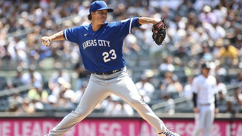 Jul 31, 2022; Bronx, New York, USA; Kansas City Royals starting pitcher Zack Greinke (23) pitches in the first inning against the New York Yankees at Yankee Stadium. Mandatory Credit: Wendell Cruz-USA TODAY Sports