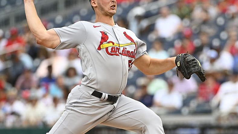 Jul 31, 2022; Washington, District of Columbia, USA; St. Louis Cardinals starting pitcher Andre Pallante (53) throws to the Washington Nationals during the first inning at Nationals Park. Mandatory Credit: Brad Mills-USA TODAY Sports