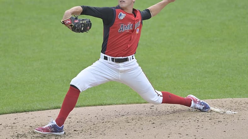 Jul 7, 2019; Cleveland, OH, USA; American League pitcher DL Hall (21) delivers in the third inning against the National League in the 2019 MLB All Star Futures Game at Progressive Field. Mandatory Credit: David Richard-USA TODAY Sports