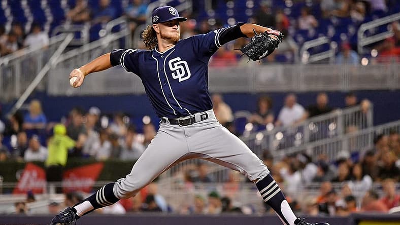 Jul 17, 2019; Miami, FL, USA; San Diego Padres starting pitcher Chris Paddack (59) delivers a pitch in the second inning against the Miami Marlins at Marlins Park. Mandatory Credit: Jasen Vinlove-USA TODAY Sports