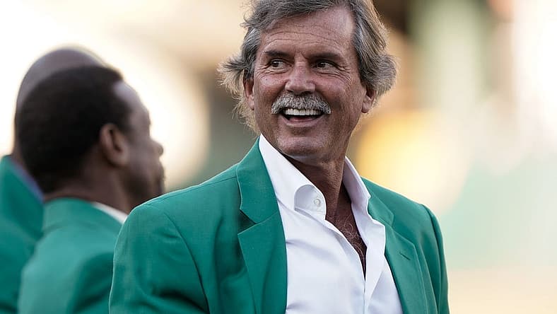 Sep 21, 2019; Oakland, CA, USA; Retired Oakland Athletics pitcher Dennis Eckersley smiles at the crowd before the game against the Texas Rangers at the Oakland Coliseum. Mandatory Credit: Stan Szeto-USA TODAY Sports