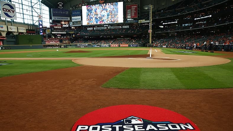 Oct 4, 2019; Houston, TX, USA; The 2019 MLB post season logo is seen on a on deck circle before game one of the 2019 ALDS playoff baseball series between the Houston Astros and the Tampa Bay Rays at Minute Maid Park. Mandatory Credit: Troy Taormina-USA TODAY Sports