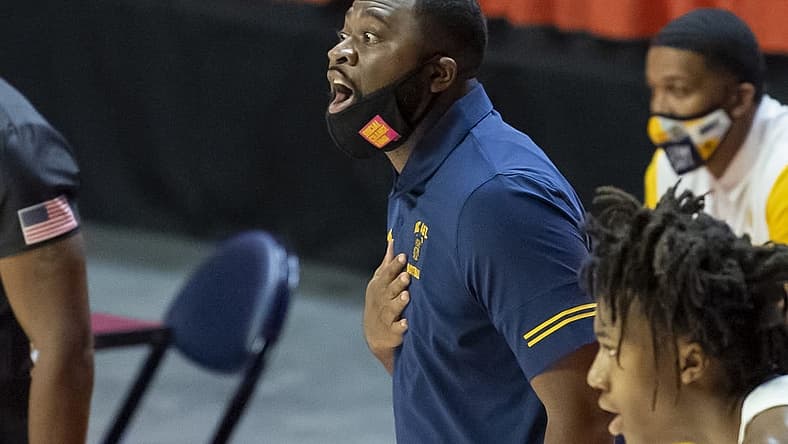 Nov 25, 2020; Champaign, Illinois, USA; North Carolina A&T Aggies head coach Will Jones directs his team during the first half against the Illinois Fighting Illini at the State Farm Center. Mandatory Credit: Patrick Gorski-USA TODAY Sports