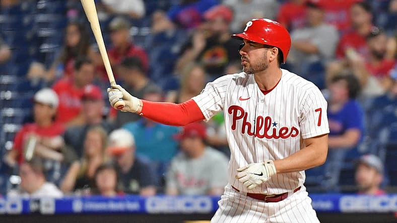 May 22, 2021; Philadelphia, Pennsylvania, USA; Philadelphia Phillies right fielder Matt Joyce (7) at bat against the Boston Red Sox at Citizens Bank Park. Mandatory Credit: Eric Hartline-USA TODAY Sports