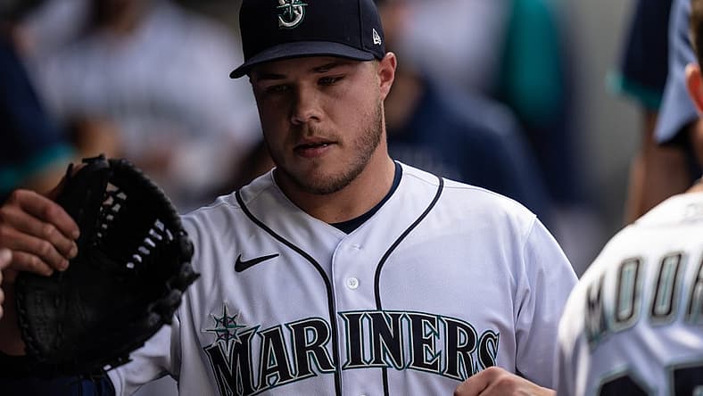 Jun 23, 2021; Seattle, Washington, USA; Seattle Mariners relief pitcher Vinny Nittoli (46) walks through the dugout during a game against the Colorado Rockies at T-Mobile Park. The Rockies won 5-2. Mandatory Credit: Stephen Brashear-USA TODAY Sports