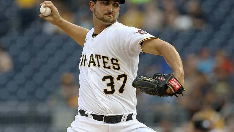 Jul 5, 2021; Pittsburgh, Pennsylvania, USA; Pittsburgh Pirates pitcher Chase De Jong (37) delivers a pitch against the Atlanta Braves during the first inning at PNC Park. Mandatory Credit: Charles LeClaire-USA TODAY Sports
