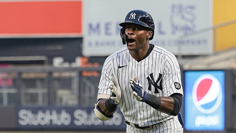 Jul 20, 2021; Bronx, New York, USA; New York Yankees center fielder Estevan Florial (90) reacts after an RBI ground out during the third inning against the Philadelphia Phillies at Yankee Stadium. Mandatory Credit: Vincent Carchietta-USA TODAY Sports