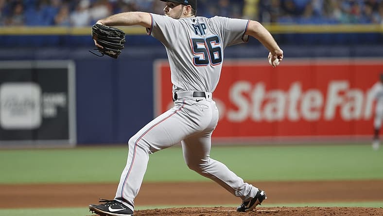 Sep 24, 2021; St. Petersburg, Florida, USA; Miami Marlins relief pitcher Zach Pop (56) throws a pitch during the seventh inning against the Tampa Bay Rays at Tropicana Field. Mandatory Credit: Kim Klement-USA TODAY Sports