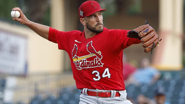 Mar 31, 2022; Jupiter, Florida, USA; St. Louis Cardinals starting pitcher Drew VerHagen (34) throws first inning against the Florida Marlins during spring training at Roger Dean Stadium. Mandatory Credit: Rhona Wise-USA TODAY Sports