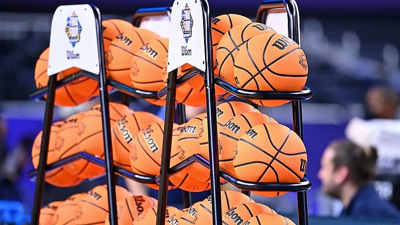 Apr 1, 2022; New Orleans, LA, USA; A detail view of basketballs on the on a rack during a practice session before the 2022 NCAA men's basketball tournament Final Four semifinals at Caesars Superdome. Mandatory Credit: Bob Donnan-USA TODAY Sports