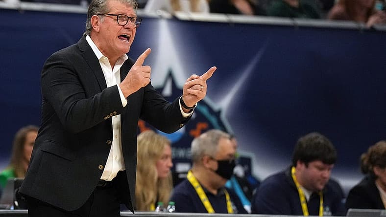 Apr 3, 2022; Minneapolis, MN, USA; UConn Huskies head coach Geno Auriemma shouts to his players during the first half against the South Carolina Gamecocks in the Final Four championship game of the women's college basketball NCAA Tournament at Target Center. Mandatory Credit: Kirby Lee-USA TODAY Sports