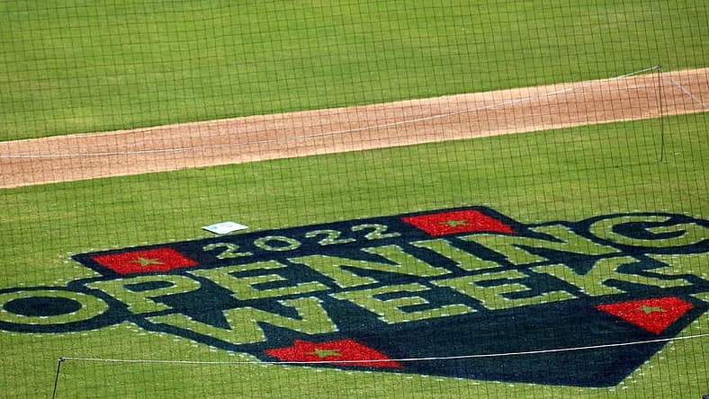 The Opening Week logo for minor league baseball is displayed on the 121 Financial Ballpark field for Jacksonville Jumbo Shrimp baseball media day on April 4, 2022. [Clayton Freeman/Florida Times-Union]