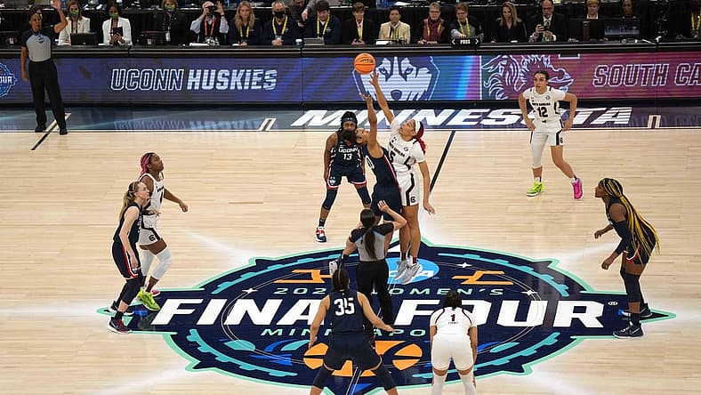 Apr 3, 2022; Minneapolis, MN, USA; A general overall view of the opening tipoff between UConn Huskies forward Olivia Nelson-Ododa (20) and South Carolina Gamecocks forward Victaria Saxton (5) in the Final Four championship game of the women's college basketball NCAA Tournament at Target Center. South Carolina defeated UConn 64-49. Mandatory Credit: Kirby Lee-USA TODAY Sports